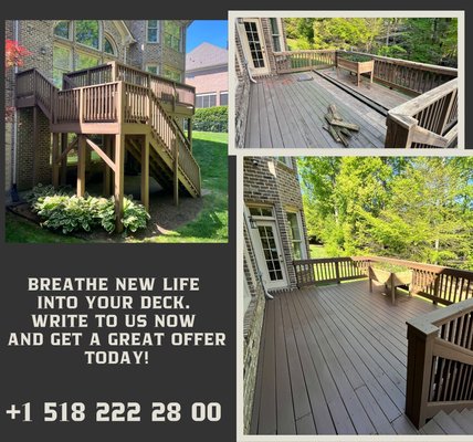 Deck repair - Transform Your Deck — Stronger, Safer, Better Than New!
Rotten boards? Wobbly railings? We don’t just repair decks — we reinvent them. Hand-sanded perfection, reinforced structure, and long-lasting results.
Message us today and get a special offer — your deck deserves it! Deck repair - Transform Your Deck — Stronger, Safer, Better Than New!
Rotten boards? Wobbly railings? We don’t just repair decks — we reinvent them. Hand-sanded perfection, reinforced structure, and long-lasting results.
Message us today and get a special offer — your deck deserves it!