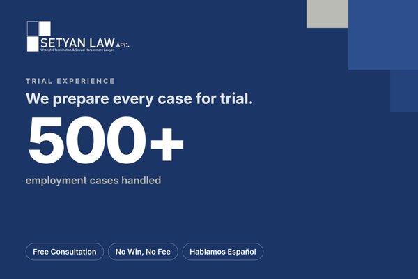 Trial Experience - Most cases settle, but employers settle for more when they know your lawyer will go to trial. Sam Setyan prepares every case for trial, won a unanimous federal jury verdict against Costco in 2026, and has handled 500+ employment cases. Prior results do not guarantee a similar outcome.