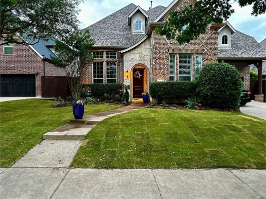 Sod job 2024 - This job would be labeled underneath the design and layout service. Including a tremendous amount of yard regrading, trimming and removal of bushes, bed expansion wrapping around the house to fill in dead grass areas, changing drip lines and installation of new sprinkler heads, installation of new plants and flowers/ flower pots brought in, and new zoysia sod prep/ installation. This job was done in phases Sod job 2024 - This job would be labeled underneath the design and layout service. Including a tremendous amount of yard regrading, trimming and removal of bushes, bed expansion wrapping around the house to fill in dead grass areas, changing drip lines and installation of new sprinkler heads, installation of new plants and flowers/ flower pots brought in, and new zoysia sod prep/ installation. This job was done in phases