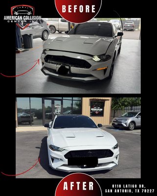 Ford Mustang Front-End Collision Repair - This Ford Mustang came to American Collision Center with front-end collision damage affecting the front bumper, grille area, hood alignment, and surrounding front components. Our team completed the necessary collision repair, body work, front-end restoration, refinishing, and reassembly to restore the vehicle’s appearance and condition. The final result brought the Mustang back to a clean, factory-quality finish with close attention to fit, detail, and overall quality.