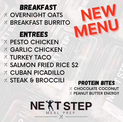 New Menu April 2022! - Pesto Chicken
Shredded chicken in a pesto sauce with zucchini and white rice.
Garlic Chicken
Diced chicken with a garlic tomato cream sauce over spinach and pasta with basil and palm cheese.
Turkey Taco
lean ground Turkey in our southwest seasoning with, red onion, corn, black beans, limes and brown rice.
Salmon Fried Rice $2
Salmon over rice and mixed vegetables with our kung pad sauce, green onion and sesame seeds.
Overnight Oats
old fashion oats soaked in vanilla almond milk, with cranberries, almonds, chia seeds, vanilla protein , and honey.
Cuban Picadillo
Lean ground beef with a latin tomato sauce, green beans, carrots, and brown rice.
Breakfast Burrito
eggs with ground turkey, bell pepper and tomato wrapped in a flour tortilla with our spicy aioli..
Steak and broccoli
Roasted Sri-tip Steak with charred broccoli and brown rice with teriyaki sauce.
SNACKS
*Chocolate Coconut Protein Bites - Oatmeal based balls with chocolate whey protein, honey, almonds, coconut flies, peanut butter and flax - 3/$6.00.
Peanut Butter Energy Bites - Oat based with peanut butter, ground flax, cranberries, chocolate chips, almonds, honey sunflower seeds. 3/$6.00
Click the link below to place your order today! New Menu April 2022! - Pesto Chicken
Shredded chicken in a pesto sauce with zucchini and white rice.
Garlic Chicken
Diced chicken with a garlic tomato cream sauce over spinach and pasta with basil and palm cheese.
Turkey Taco
lean ground Turkey in our southwest seasoning with, red onion, corn, black beans, limes and brown rice.
Salmon Fried Rice $2
Salmon over rice and mixed vegetables with our kung pad sauce, green onion and sesame seeds.
Overnight Oats
old fashion oats soaked in vanilla almond milk, with cranberries, almonds, chia seeds, vanilla protein , and honey.
Cuban Picadillo
Lean ground beef with a latin tomato sauce, green beans, carrots, and brown rice.
Breakfast Burrito
eggs with ground turkey, bell pepper and tomato wrapped in a flour tortilla with our spicy aioli..
Steak and broccoli
Roasted Sri-tip Steak with charred broccoli and brown rice with teriyaki sauce.
SNACKS
*Chocolate Coconut Protein Bites - Oatmeal based balls with chocolate whey protein, honey, almonds, coconut flies, peanut butter and flax - 3/$6.00.
Peanut Butter Energy Bites - Oat based with peanut butter, ground flax, cranberries, chocolate chips, almonds, honey sunflower seeds. 3/$6.00
Click the link below to place your order today!