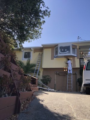 Exterior Painting - As in any exterior painting.  first we pressure wash house to remove any contamination. Then we follow up prepping scraping, sending, spot prime where needed, caulk as need it 
Finally apply two coats of high quality paint.