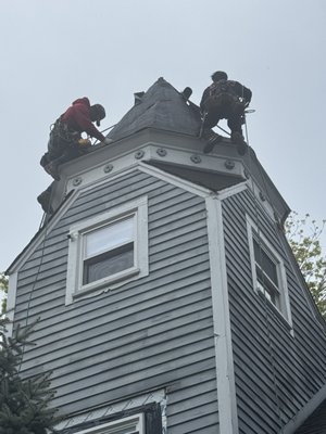 Turret Roof Replacement - Just finished replacing the roof on a beautiful turret in Medford, MA!
We used new architectural shingles and specialized rope and safety equipment to reach those tough, high areas safely.
Challenging project, but the results came out amazing!

If you have a tricky roof that needs attention, give us a call — no job is too difficult!