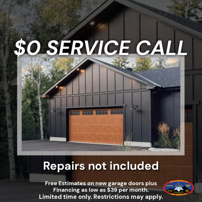$0 Service Call Special - Schedule a professional garage door service appointment with no service call fee. Our technicians provide thorough inspections, diagnostics, and maintenance recommendations to help keep your garage door system operating safely and efficiently. Repair services, if needed, are quoted separately. $0 Service Call Special - Schedule a professional garage door service appointment with no service call fee. Our technicians provide thorough inspections, diagnostics, and maintenance recommendations to help keep your garage door system operating safely and efficiently. Repair services, if needed, are quoted separately.
