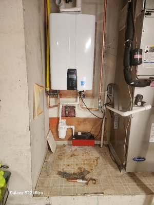 Tankless water heater install - removed existing 50 gallon gas heater and installed a tankless unit  with propane gas, a neutralizer and a condensate pump