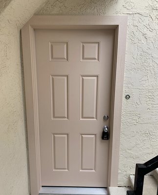 Exterior Door and Casing - Existing door was rotten and damaged. Installed new fiberglass door. Exterior Door and Casing - Existing door was rotten and damaged. Installed new fiberglass door.