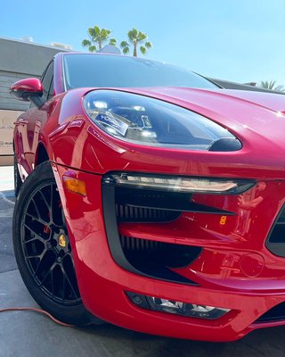 2020 Porsche Macan GTS - This 2020 Porsche Macan GTS came in for repairs due to damage on the front bumper and hood. In the before photo you can see the bumper is misaligned with the hood. After a tear down on the front bumper it appeared that the bracket behind the bumper was pushed in due to the impact. The bracket was straightened, bumper and hood were repaired and refinished using OEM grade Cromax paint and clear coat.