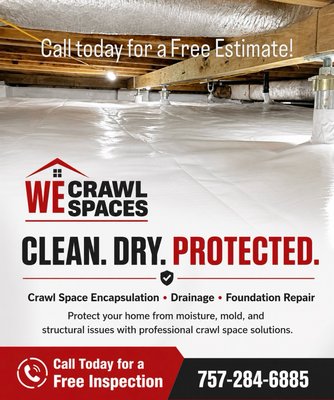 Crawlspace encapsulation jobs - A clean, dry crawl space helps protect your entire home.

This crawl space was professionally encapsulated and reinforced to help control moisture, improve air quality, and provide dependable structural support. At We Crawl Spaces, we handle crawl space encapsulation, drainage, foundation stabilization, dehumidifiers, sump pumps, and more.

Call today for a free inspection.

📞 757-284-6885

Veteran & Firefighter Owned | Class A Contractor | Licensed, Bonded & Insured

#WeCrawlSpaces #CrawlSpaceEncapsulation #FoundationRepair #MoistureControl #CrawlSpaceRepair #VirginiaBeach #ChesapeakeVA #HamptonRoads