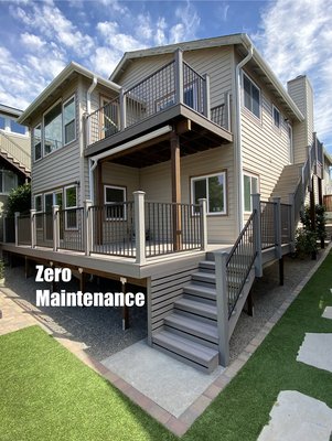 Timbertech “Azek” PVC deck in Coastline - A zero-maintenance deck we built in the summer of 2024 with a Trex “Rain Escape” drainage system on the upper deck to ensure the lower deck stays dry when it rains. Timbertech “Azek” PVC deck in Coastline - A zero-maintenance deck we built in the summer of 2024 with a Trex “Rain Escape” drainage system on the upper deck to ensure the lower deck stays dry when it rains.