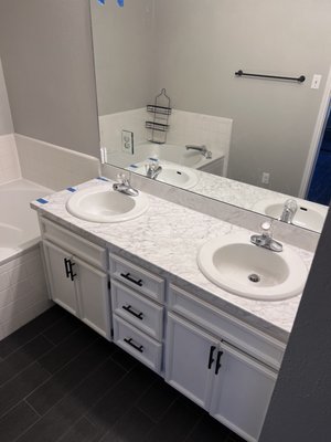 Bathroom countertop - These bathroom counter tops had just had it! So we got them replaced with a much cleaner look! Bathroom countertop - These bathroom counter tops had just had it! So we got them replaced with a much cleaner look!