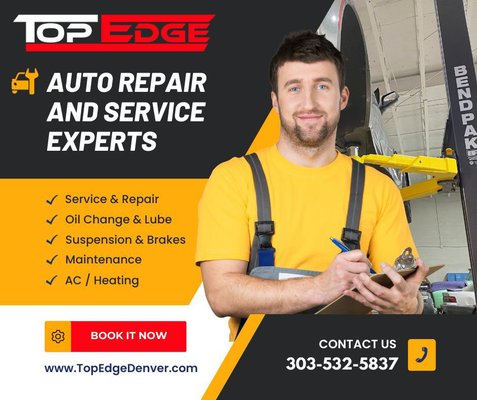 Top rated auto repair shop in Denver, CO. Complete automotive repair, maintenance and service. - At Top Edge, our dedication to providing an unparalleled automotive experience extends to our comprehensive auto repair services, setting us apart as your prime destination for all your automotive needs. Beyond being a trusted dealership and aftermarket vehicle accessories haven, our commitment to vehicle care and maintenance is unmatched.
Conveniently located at 1015 E 70th Ave., Denver, CO 80229, and reachable at 303-532-5837, Top Edge not only operates as a licensed auto dealership but also as a hub for highly specialized auto repair services. Our team of highly trained technicians boasts expertise in working on all makes and models, ensuring that your vehicle is in capable hands.
When you choose Top Edge, you’re not just selecting a top-notch dealership for pre-owned vehicles; you’re gaining access to a full-service auto repair shop equipped to handle a myriad of automotive issues. Our skilled technicians are devoted to providing your vehicle with the meticulous care and attention it deserves, offering comprehensive repair and maintenance services to keep it running at its best.
Furthermore, our commitment to being a one-stop-shop for all your automotive needs is underscored by our aftermarket accessory haven. Whether you’re seeking customization options such as lift kits, lowering kits, wheels, tires, or custom car audio systems, our extensive selection of premium aftermarket accessories caters to your individual preferences.
What truly distinguishes Top Edge is our holistic approach – not only can you confidently purchase a vehicle from us, but you can also entrust it to our team of expert technicians for unparalleled service and customization. Experience the convenience of seamless transitions from purchase to service, and revel in the freedom to personalize your vehicle according to your unique style.
Embark on a visit to Top Edge today for a comprehensive automotive solution that seamlessly combines high-quality pre-owned vehicles, highly specialized auto repair services for all makes and models, and an expansive range of premium aftermarket accessories. Your ultimate automotive experience begins and thrives with us! Top rated auto repair shop in Denver, CO. Complete automotive repair, maintenance and service. - At Top Edge, our dedication to providing an unparalleled automotive experience extends to our comprehensive auto repair services, setting us apart as your prime destination for all your automotive needs. Beyond being a trusted dealership and aftermarket vehicle accessories haven, our commitment to vehicle care and maintenance is unmatched.
Conveniently located at 1015 E 70th Ave., Denver, CO 80229, and reachable at 303-532-5837, Top Edge not only operates as a licensed auto dealership but also as a hub for highly specialized auto repair services. Our team of highly trained technicians boasts expertise in working on all makes and models, ensuring that your vehicle is in capable hands.
When you choose Top Edge, you’re not just selecting a top-notch dealership for pre-owned vehicles; you’re gaining access to a full-service auto repair shop equipped to handle a myriad of automotive issues. Our skilled technicians are devoted to providing your vehicle with the meticulous care and attention it deserves, offering comprehensive repair and maintenance services to keep it running at its best.
Furthermore, our commitment to being a one-stop-shop for all your automotive needs is underscored by our aftermarket accessory haven. Whether you’re seeking customization options such as lift kits, lowering kits, wheels, tires, or custom car audio systems, our extensive selection of premium aftermarket accessories caters to your individual preferences.
What truly distinguishes Top Edge is our holistic approach – not only can you confidently purchase a vehicle from us, but you can also entrust it to our team of expert technicians for unparalleled service and customization. Experience the convenience of seamless transitions from purchase to service, and revel in the freedom to personalize your vehicle according to your unique style.
Embark on a visit to Top Edge today for a comprehensive automotive solution that seamlessly combines high-quality pre-owned vehicles, highly specialized auto repair services for all makes and models, and an expansive range of premium aftermarket accessories. Your ultimate automotive experience begins and thrives with us!