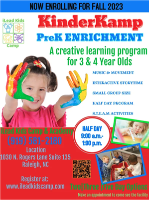 Kinder Kamp 2023-2024 - Ages 3-5 Years Old
Half Day Pre-K
9:00 a.m.-1:00 p.m Kinder Kamp 2023-2024 - Ages 3-5 Years Old
Half Day Pre-K
9:00 a.m.-1:00 p.m