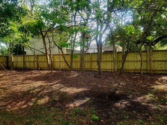 Board on Board with Top Cap and Trim - This is a standard 6ft tall Board on Board style fence out of Ground Contact Pressure Treated Pine. This fence also has an added 2x8 top cap, 1x4 Exterior Top Trim, Welded Aluminum Gate Frames, Self Closing Hinges and Keypad Latches! Our Wood fences get 80lbs of concrete per post, our 2x4 rails are screwed into the posts, and the pickets are nailed to the 2x4 rails with ring shank hot dipped galvanized nails!
