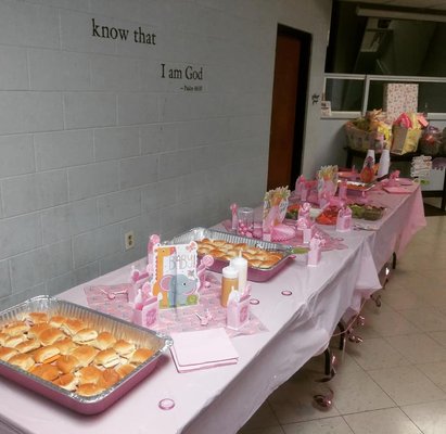 My daughter's baby shower - This was done by me for my daughter's baby shower. I prepared the food the night before just some simple turkey and cheese sliders, assorted chips and two pans of buffalo dip with tortilla chips. I got there early the next day and did the decor , as you can see I chose a classic pink theme to keep things simple. My daughter's baby shower - This was done by me for my daughter's baby shower. I prepared the food the night before just some simple turkey and cheese sliders, assorted chips and two pans of buffalo dip with tortilla chips. I got there early the next day and did the decor , as you can see I chose a classic pink theme to keep things simple.