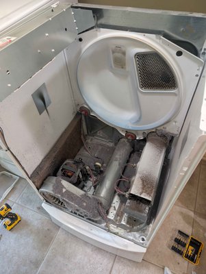 20 year old Whirlpool dryer - This customer had a Whirlpool dryer manufactured in the early 2000's. When the customer started the cycle, the unit would spin, but there was no heat. Upon teardown of the unit, our technician discovered the heating element had burned out. We were able to source the part locally and repair the unit less than three hours after the call came through our customer support line. Additionally, we offer a dryer maintenance package in which our technicians will clean all of the lint build-up and lubricate all moving parts to extend the lifespan of the dryer and increase drying efficiency. Call today for any repair needs, or to schedule an appointment for general maintenance!
