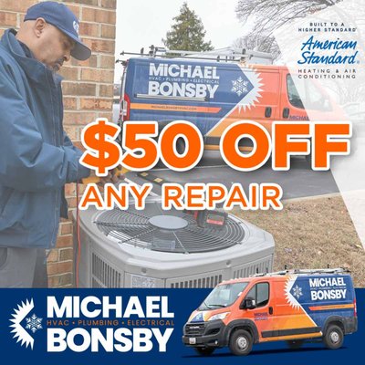 $50 Off Any Repair - Save $50 on any HVAC, plumbing, or electrical repair. Whether it's a leaking pipe, faulty wiring, or an AC that won't cool, we're here to get your home back on track. Call today to schedule your service.