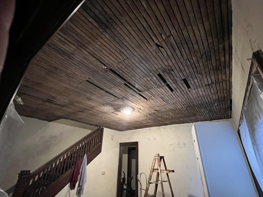 Plaster Ceiling Demo 2023 - This plaster ceiling demo was done January 2023. This client had a rental property with some very dangerous cracked plaster ceilings that where beginning to come down in big chunks. We secured the room with plastic, covered floors and door ways to prevent dust from entering other areas of the home or ruining carpet. We spent 5 hours on demo and removal, getting the project ready for the contractor to hang new drywall and paint! Plaster Ceiling Demo 2023 - This plaster ceiling demo was done January 2023. This client had a rental property with some very dangerous cracked plaster ceilings that where beginning to come down in big chunks. We secured the room with plastic, covered floors and door ways to prevent dust from entering other areas of the home or ruining carpet. We spent 5 hours on demo and removal, getting the project ready for the contractor to hang new drywall and paint!