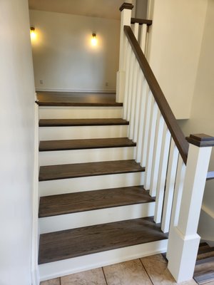 Staircase Refinish, From Amber to Grey - The old staircase was chewed up, squeaky, amber, was time for a change. New spindles, new posts, stained Bona dark grey, finished with 3 coats Bona waterborne finish, matte. Staircase Refinish, From Amber to Grey - The old staircase was chewed up, squeaky, amber, was time for a change. New spindles, new posts, stained Bona dark grey, finished with 3 coats Bona waterborne finish, matte.