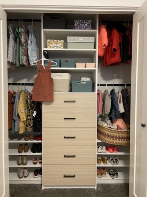Kids Reach in Closet - This is a great way to design a kids closet. The rods and shelves are adjustable so as your kids grow you can increase the hanging length.