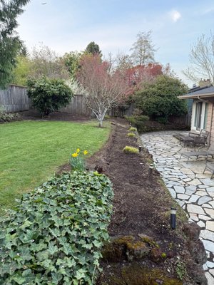 What a difference some mulch makes! - Example of how drastically bark dust freshens up a back yard. Bark dust is aesthetically beautiful but it also keeps weeds down and insulates plants throughout the year. Two to three inches of bark dust reduces water evaporation during the hot months, too.