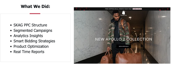 Toten Carry - TotenCarry is a black owned e-commerce store selling affordable luxury bags and accessories. Their travel luggage is not only fashionable, it's also high quality and made from durable material that will last you for years! Being in a highly competitive market, TotenCarry sought the help of PPC Masterminds to improve their online sales through Google Ads PPC efforts. After just one month of working together, PPC Masterminds was able to provide TotenCarry with enough sales to pay for their ads and our fees, providing them with additional revenue and sales. We were able to not only increase their sales volume with PPC, but also get a positive ROI. Toten Carry - TotenCarry is a black owned e-commerce store selling affordable luxury bags and accessories. Their travel luggage is not only fashionable, it's also high quality and made from durable material that will last you for years! Being in a highly competitive market, TotenCarry sought the help of PPC Masterminds to improve their online sales through Google Ads PPC efforts. After just one month of working together, PPC Masterminds was able to provide TotenCarry with enough sales to pay for their ads and our fees, providing them with additional revenue and sales. We were able to not only increase their sales volume with PPC, but also get a positive ROI.