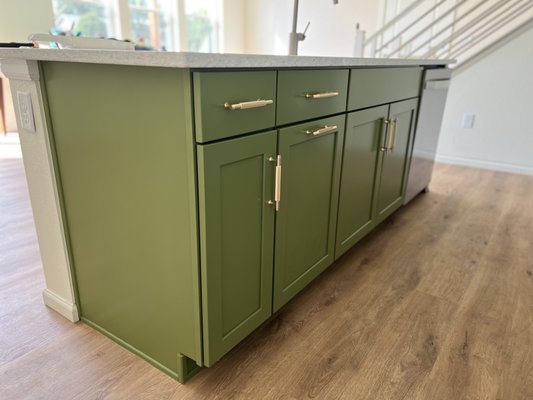 Kitchen Cabinet Project - We transformed these kitchen cabinets with beautiful and vibrant green paint. Call us today to get a free estimate! 

PS. Did you know painting your cabinets typically costs way less than buying new ones? Ask us more when you give us call.