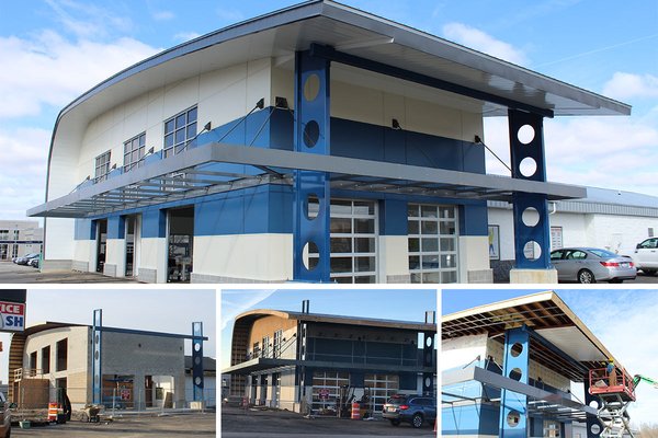 Brookfield, WI - Full-Service Carwash - The Full Service Car Wash in Brookfield is one of the largest metal roofing jobs BCI Exteriors has ever done. The car wash underwent major renovations to offer additional services to customers including new detail packages. BCI Exteriors installed the steel standing seam roof that bears a striking resemblance to the new Milwaukee Bucks arena downtown. In addition to the new swooping metal roof, BCI also installed a new rubber roof over the flat portion of the business.