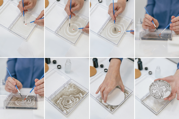 Suminagashi Ink Marbling & Hand Dipped Coasters (Branding available) - Suminagashi, Japanese for “floating ink”, is a traditional art form from the 12th century that reveals the mesmerizing, ever-changing nature of water.  We will be creating a floating piece of art on the surface of the water and capturing the swirling, ever-morphing moments as prints on coasters. You will gain a new understanding of fluid dynamics as we incorporate natural forces, such as breath and vibration, into our art to create visual harmony. At the end of the experience, you will walk away with a renewed sense of wonder, and a Sumi kit for de-stressing that will last for years! 

About Your 28Muses Cultivator:
Natalie Stopka is a New York based artist focused on creative processes rooted in the materials and forces of the natural world. Her pursuit of historical surface patterning techniques includes natural dyeing, pigment extraction, marbling, and printmaking.