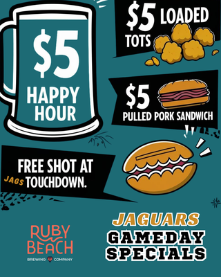 BAR SPECIALS - We're here to talk about TWO SPECIALS: firstly weekdays open - 6pm we're giving you the best happy hour in Downtown Jacksonville. All Ruby drafts, house wine, and well cocktails are just $5! AGAIN, JUST $5 FOR CRAFT BEER, WELL COCKTAILS, AND HOUSE WINE.

Secondly, our Jags Game Day Special: same happy hour listed about, but our resident food truck Ruby Beach Smoke is also serving up $5 pulled pork sandwiches, and $5 loaded tots ALL GAME LONG + each time the Jags score a touchdown the entire bar gets a FREE TEAL SHOT. See you next game day!