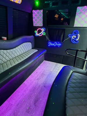 STARSHIP-Scenic Party Bus (Up to 24Pass) - Turn your bus into a rolling nightclub with a premium, full-spectrum sound experience engineered for power, clarity, and nonstop energy. Every component is selected to deliver deep, chest-thumping bass, crystal-clear vocals, and immersive surround sound that makes every ride feel like a VIP event.

🎶 System Highlights:

6 High-Power Mid-Bass Speakers W/ Multi-Channel Digital Amplifier-
Strategically installed along the cabin walls to evenly distribute rich, full-range audio throughout the entire bus. Perfect for EDM drops, hip-hop beats, or smooth R&B vibes.

Bluetooth, USB, and AUX Connectivity
Instant connection from any phone or most DJ controllers. Switch between playlists, streaming services, or live mixing without missing a beat.

LED Lighting Ceiling & Under-Seat RGB Lighting
Lights pulse, fade, and flash w/ lasers, transforming your interior into a full-blown dance club atmosphere.

Touchscreen Control Interface
Centralized control panel for volume, lighting, and source selection. Sleek and intuitive, mounted near the driver or DJ booth for easy access.

Optional Add-ons:

Microphones for hype sessions or karaoke