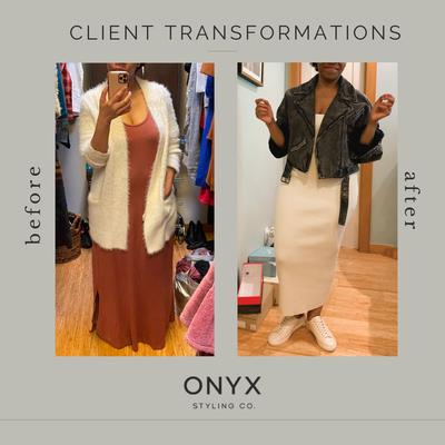 Client Transformation - This client signed up for the Onyx annual membership to completely revamp her wardrobe. After having two kids and working from home during the pandemic, she needed a new wardrobe for her new lifestyle that still made her feel confident and stylish. Onyx completely revamped her wardrobe and saved this new mom so much time during the process.