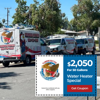 Limited-Time Water Heater Deal - Limited-Time Water Heater Deal – 50 Gallons Installed for $2,050 Professional Installation | Riverside, CA
Looking for a reliable water heater replacement in Riverside, CA? Plumbing Matters is offering a $2,050 special on a 50-gallon water heater installation — installed by licensed, experienced local plumbers you can trust.
This special is ideal for homeowners dealing with:
❌ No hot water
❌ Leaking or rusted tanks
❌ Inconsistent water temperature
❌ Aging or failing water heaters
📍 Serving Riverside & Surrounding Areas
As a family-owned, local plumbing company in Riverside, CA, we’re proud to help homeowners with dependable plumbing solutions backed by experience and integrity.
Whether you’re replacing an old unit or upgrading your system, Plumbing Matters delivers quality workmanship and service that truly puts your home first. Limited-Time Water Heater Deal - Limited-Time Water Heater Deal – 50 Gallons Installed for $2,050 Professional Installation | Riverside, CA
Looking for a reliable water heater replacement in Riverside, CA? Plumbing Matters is offering a $2,050 special on a 50-gallon water heater installation — installed by licensed, experienced local plumbers you can trust.
This special is ideal for homeowners dealing with:
❌ No hot water
❌ Leaking or rusted tanks
❌ Inconsistent water temperature
❌ Aging or failing water heaters
📍 Serving Riverside & Surrounding Areas
As a family-owned, local plumbing company in Riverside, CA, we’re proud to help homeowners with dependable plumbing solutions backed by experience and integrity.
Whether you’re replacing an old unit or upgrading your system, Plumbing Matters delivers quality workmanship and service that truly puts your home first.