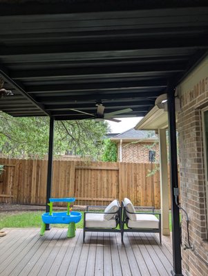Back Patio  Fans - This was done on 7/5/26 wired back patio for 2 fans and 2 outlets,customer requested to paint conduit to match structure. Turned out well and customer was happy.
