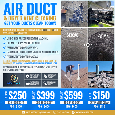Air Duct Cleaning - Over time, dust, allergens, and debris accumulate in your air ducts, compromising the quality of air in your home. At Vivid Air OK, we specialize in comprehensive air duct cleaning to ensure a healthier living environment for you and your family.