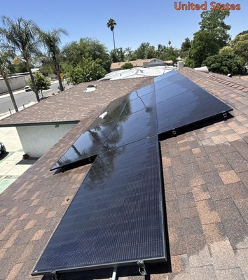 Before & After - Before: The solar panels appear dusty and weathered, with visible grime, bird droppings, and debris dulling their surface. Nesting material and droppings can be seen accumulating beneath the array—evidence of bird intrusion that poses a risk to wiring and efficiency.

After: The transformation is striking. The panels now gleam in the sunlight, their surfaces spotless and reflective, enhancing both performance and curb appeal. Underneath, professional-grade bird netting is neatly installed—secure, discreet, and effective—providing a clean, protected area that deters future nesting and protects your system’s longevity.