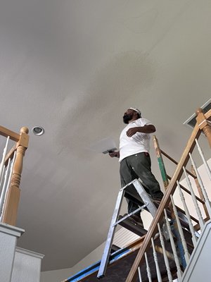 Ceiling water damage repair - ft ceiling water damage repair with the use of scaffolding. Knock down texture to finish. Ceiling water damage repair - ft ceiling water damage repair with the use of scaffolding. Knock down texture to finish.
