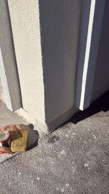 Stucco repair. - For this project we repaired a corner damage that extended to both sides of the corner. We provided materials and did color matching. Stucco repair. - For this project we repaired a corner damage that extended to both sides of the corner. We provided materials and did color matching.