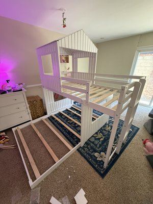 Furniture Assembly Projects - A collection of furniture assembly projects completed by BJ Pro Services, including bunk beds, bed frames, a wall bed, kitchen island, dresser, office lounge furniture, and home gym equipment. Every item was carefully assembled, aligned, and secured for a clean, functional, and dependable result.