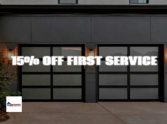 15% OFF First Service! - Get 15% OFF Your First Service! This does not include Full Garage Door Installs. 15% OFF First Service! - Get 15% OFF Your First Service! This does not include Full Garage Door Installs.