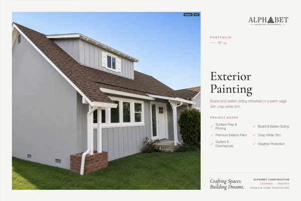Full Exterior Painting Project – Fresh Look with Lasting Protection - This exterior painting project completely revitalized the look of this home. The scope of work included:
	•	Full repainting of the siding in a soft, modern gray
	•	White trim and accent painting to highlight architectural features
	•	Garage door and front door refinishing for a clean, uniform look
	•	Prep work including power washing, surface repairs, and caulking
The result is a clean, timeless exterior with enhanced curb appeal and long-term weather protection — all done with attention to detail and quality finishes.