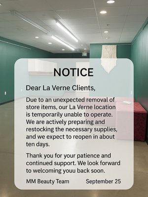 Notice-MM Beauty La Verne update - MM Beauty La Verne has never relocated and continues to serve clients at the same address: 1227 Foothill Blvd, La Verne, CA 91750. Please trust only official MM Beauty announcements. Any other claims about relocation are false.
Official Phones: 626-599-6318 / 626-893-3789
In addition, our La Verne salon specializes in Eyelash Extensions, Lash Lifts, Brow Lamination, and Facials. We look forward to welcoming you soon! Notice-MM Beauty La Verne update - MM Beauty La Verne has never relocated and continues to serve clients at the same address: 1227 Foothill Blvd, La Verne, CA 91750. Please trust only official MM Beauty announcements. Any other claims about relocation are false.
Official Phones: 626-599-6318 / 626-893-3789
In addition, our La Verne salon specializes in Eyelash Extensions, Lash Lifts, Brow Lamination, and Facials. We look forward to welcoming you soon!