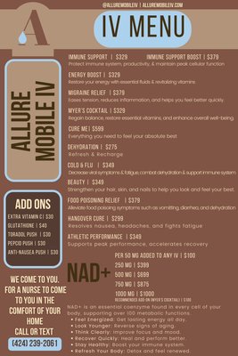IV Hydration Menu - Please see our menu. All IVs include nurse service and delivery — we come directly to your home, office, or wherever you are! IV Hydration Menu - Please see our menu. All IVs include nurse service and delivery — we come directly to your home, office, or wherever you are!