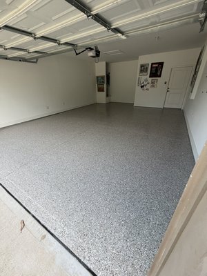 Epoxy Garage Floor - Completed a full flake broadcast garage floor coating system for a residential customer. The process included diamond grinding the concrete surface for proper adhesion, repairing and filling all cracks, and applying a full flake broadcast for durability and appearance. Finished with a high-performance polyaspartic top coat for long-lasting protection, chemical resistance, and a glossy professional finish. Epoxy Garage Floor - Completed a full flake broadcast garage floor coating system for a residential customer. The process included diamond grinding the concrete surface for proper adhesion, repairing and filling all cracks, and applying a full flake broadcast for durability and appearance. Finished with a high-performance polyaspartic top coat for long-lasting protection, chemical resistance, and a glossy professional finish.