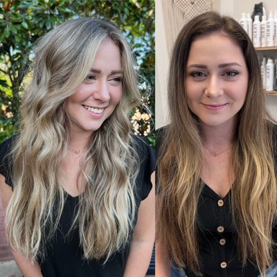 Lighter and Brighter Balayage Package - Looking to transform your look? This session is great for you if you want to see A LOT more lightness in your hair and you're looking to be very light and bright! Typically, you like to book a full head of foil work or full balayage to give you that bright pop of blonde throughout the top, around your face, and on the ends (ombre). Includes glaze enhancement, blow dry and curls. Lighter and Brighter Balayage Package - Looking to transform your look? This session is great for you if you want to see A LOT more lightness in your hair and you're looking to be very light and bright! Typically, you like to book a full head of foil work or full balayage to give you that bright pop of blonde throughout the top, around your face, and on the ends (ombre). Includes glaze enhancement, blow dry and curls.
