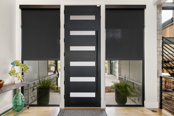 Shades in Littleton - Stunning home in Littleton outfitted with Insolroll roller shades, motorized with Somfy motors, black square metal fascia, .5% Teton privacy screen fabric