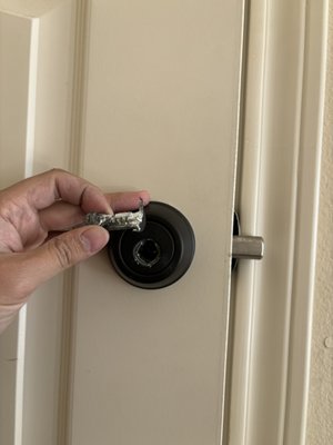 Dead Bolt Replacement - The customer was locked out because someone tampered with their lock. We had to remove the cylinder, as picking was not possible, and replaced it with a new deadbolt. Additionally, we rekeyed the lock for a different key, so the customer now has brand new keys Dead Bolt Replacement - The customer was locked out because someone tampered with their lock. We had to remove the cylinder, as picking was not possible, and replaced it with a new deadbolt. Additionally, we rekeyed the lock for a different key, so the customer now has brand new keys