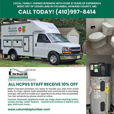 Plumbing & Gas discount - Ehrhardt Brothers is proud to offer a discount to all HCPSS employees.  We are your local plumbing in Columbia md for over 30 years.  The owner was raised in Columbia and has been providing Plumbing and Gas services to the local nearby area for over 30 years.  Howard County plumber.  Howard County gas fitter.  Leaks, toilets, water pressure, water heater, pumps, wells, sump, garbage disposal, hook up appliances, remodeling kitchens and bathrooms and much, much more.