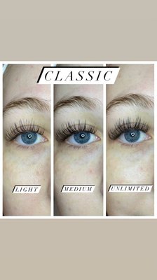 Classic Eyelash Extension Full Set Coverage Options - This is an example of the fullness of our 3 Classic Full Set Options. Light ($120) 1 hour, Medium ($150) 75 Min, Unlimited ($180) 90 Min. Call or text for more information or to book! Classic Eyelash Extension Full Set Coverage Options - This is an example of the fullness of our 3 Classic Full Set Options. Light ($120) 1 hour, Medium ($150) 75 Min, Unlimited ($180) 90 Min. Call or text for more information or to book!