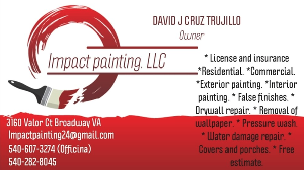 Impact Painting - We have been in business for eight years, specializing in high-quality property maintenance and improvement. Our team offers a comprehensive range of services, including interior and exterior painting, professional pressure washing, and porch repair.
Whether you are looking to refresh your property's appearance or require specific structural repairs, we are dedicated to providing reliable and professional results.
If you have any upcoming projects or would like to request a quote, please let me know. I would be happy to discuss how we can assist you. Impact Painting - We have been in business for eight years, specializing in high-quality property maintenance and improvement. Our team offers a comprehensive range of services, including interior and exterior painting, professional pressure washing, and porch repair.
Whether you are looking to refresh your property's appearance or require specific structural repairs, we are dedicated to providing reliable and professional results.
If you have any upcoming projects or would like to request a quote, please let me know. I would be happy to discuss how we can assist you.