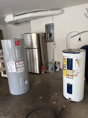 40 gal to 80 gal Electrical Water Heater - Our customer had a 20-year-old 40-gallon electric water heater that had finally stopped working. The unit was installed on a raised platform, and over the years it had served the home well, but time had clearly taken its toll. The customer also mentioned that even when it was working, 40 gallons was never quite enough for a household of three, so running out of hot water had become a regular issue.

Considering the heater’s age, we suspected there was a large amount of sediment buildup inside the tank, which is very common with older units. Because of that and the overall condition of the heater, attempting a repair would not have been a reliable or cost-effective solution.

We removed the old water heater and also took down the platform it had been sitting on, since the replacement unit was significantly larger. In its place, we installed a brand-new 80-gallon electric water heater, giving the home a much larger supply of hot water and a fresh, clean installation.

After completing the installation and verifying that everything was working properly, the system was up and running. The new heater looked big, new, and shiny, and most importantly, it provided the capacity the household needed. The customer was very happy with the upgrade and the improved hot water availability.